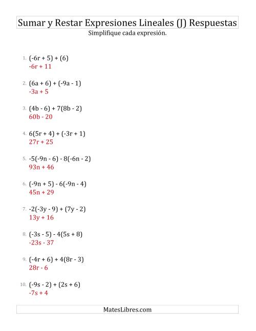 La hoja de ejercicios de Sumar, Restar y Simplificar Expresiones Lineales con Algunos Multiplicadores (J) Página 2