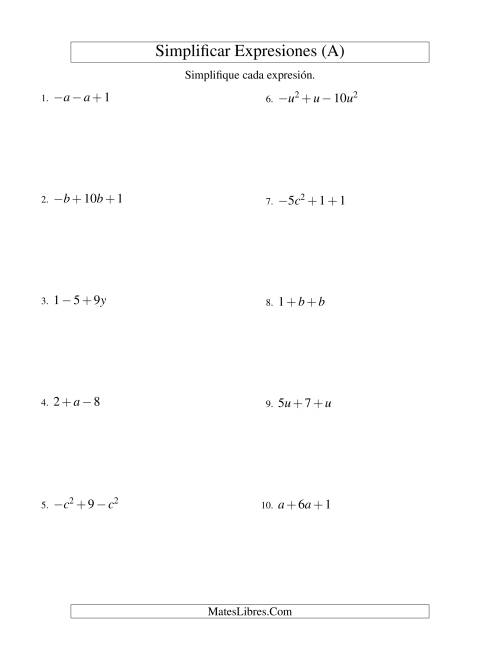 La hoja de ejercicios de Simplificar Expresiones Algebraicas, Suma y Resta, Una Variable, Tres Términos (A)