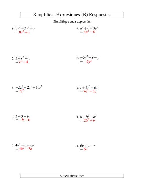 La hoja de ejercicios de Simplificar Expresiones Algebraicas, Suma y Resta, Una Variable, Tres Términos (B) Página 2