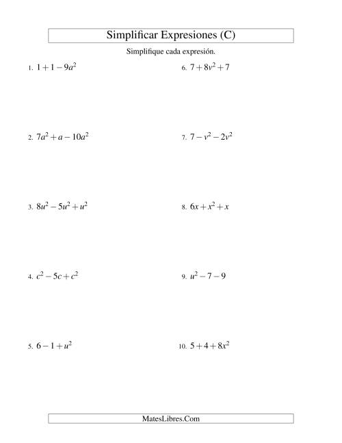 La hoja de ejercicios de Simplificar Expresiones Algebraicas, Suma y Resta, Una Variable, Tres Términos (C)