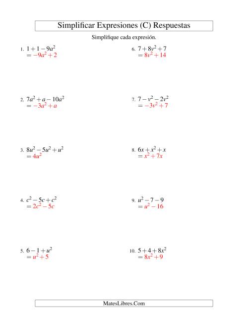 La hoja de ejercicios de Simplificar Expresiones Algebraicas, Suma y Resta, Una Variable, Tres Términos (C) Página 2
