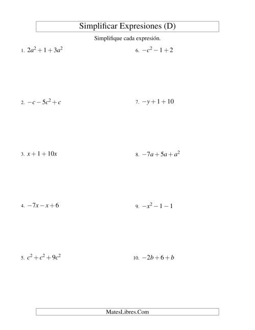 La hoja de ejercicios de Simplificar Expresiones Algebraicas, Suma y Resta, Una Variable, Tres Términos (D)