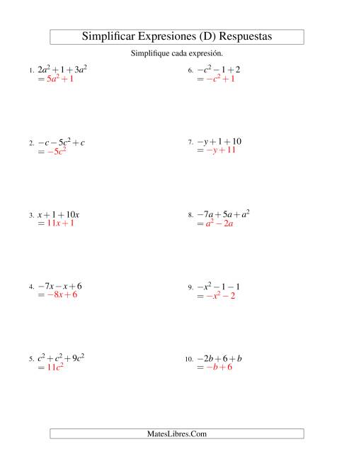 La hoja de ejercicios de Simplificar Expresiones Algebraicas, Suma y Resta, Una Variable, Tres Términos (D) Página 2