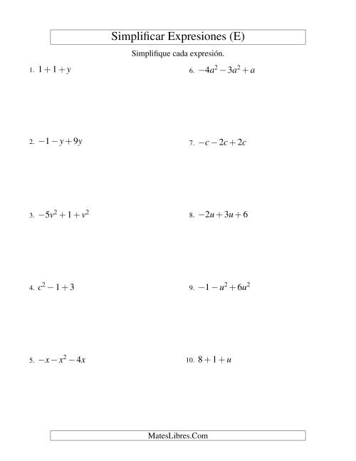 La hoja de ejercicios de Simplificar Expresiones Algebraicas, Suma y Resta, Una Variable, Tres Términos (E)
