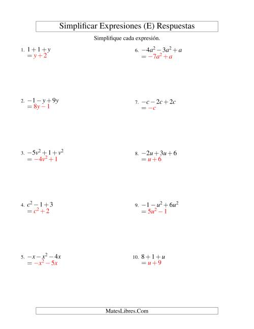 La hoja de ejercicios de Simplificar Expresiones Algebraicas, Suma y Resta, Una Variable, Tres Términos (E) Página 2