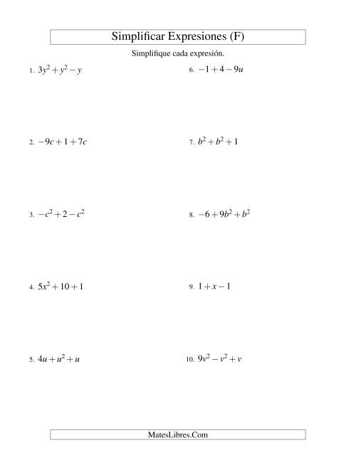 La hoja de ejercicios de Simplificar Expresiones Algebraicas, Suma y Resta, Una Variable, Tres Términos (F)