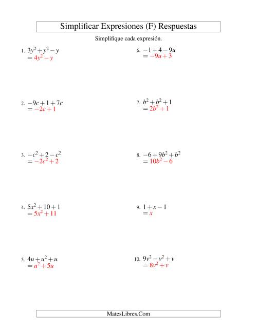 La hoja de ejercicios de Simplificar Expresiones Algebraicas, Suma y Resta, Una Variable, Tres Términos (F) Página 2