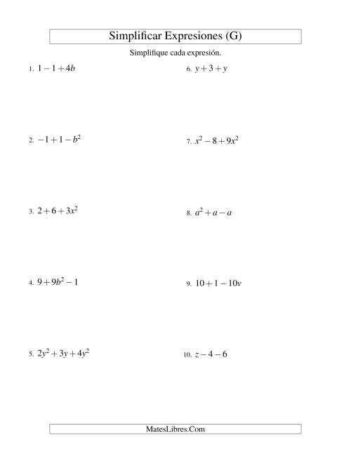 La hoja de ejercicios de Simplificar Expresiones Algebraicas, Suma y Resta, Una Variable, Tres Términos (G)