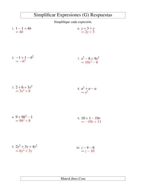 La hoja de ejercicios de Simplificar Expresiones Algebraicas, Suma y Resta, Una Variable, Tres Términos (G) Página 2
