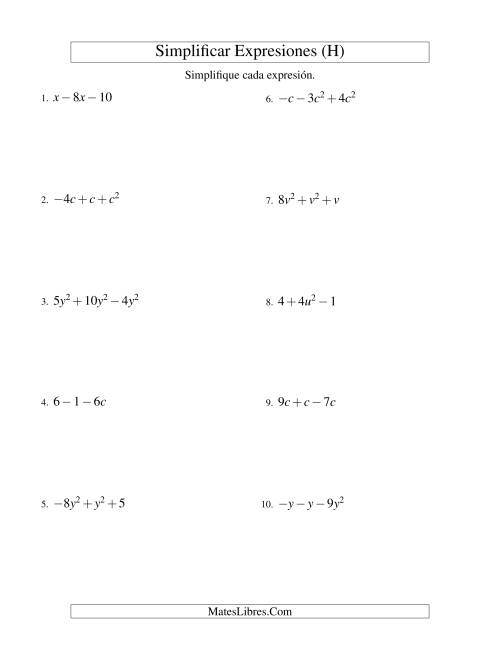 La hoja de ejercicios de Simplificar Expresiones Algebraicas, Suma y Resta, Una Variable, Tres Términos (H)
