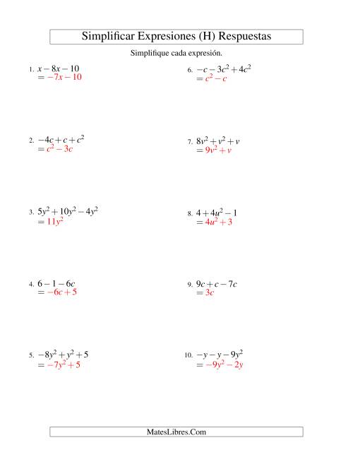 La hoja de ejercicios de Simplificar Expresiones Algebraicas, Suma y Resta, Una Variable, Tres Términos (H) Página 2