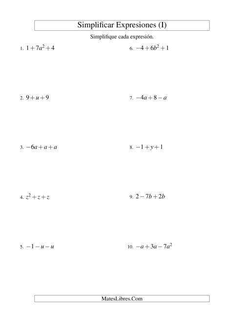 La hoja de ejercicios de Simplificar Expresiones Algebraicas, Suma y Resta, Una Variable, Tres Términos (I)