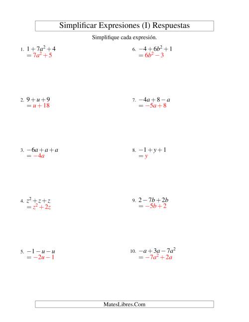 La hoja de ejercicios de Simplificar Expresiones Algebraicas, Suma y Resta, Una Variable, Tres Términos (I) Página 2