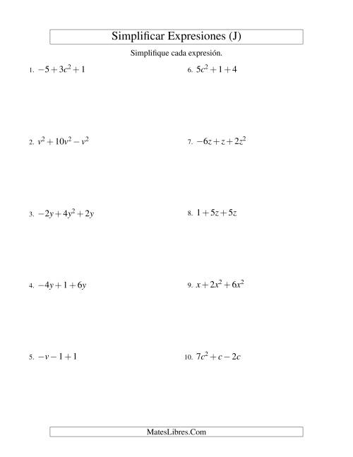 La hoja de ejercicios de Simplificar Expresiones Algebraicas, Suma y Resta, Una Variable, Tres Términos (J)