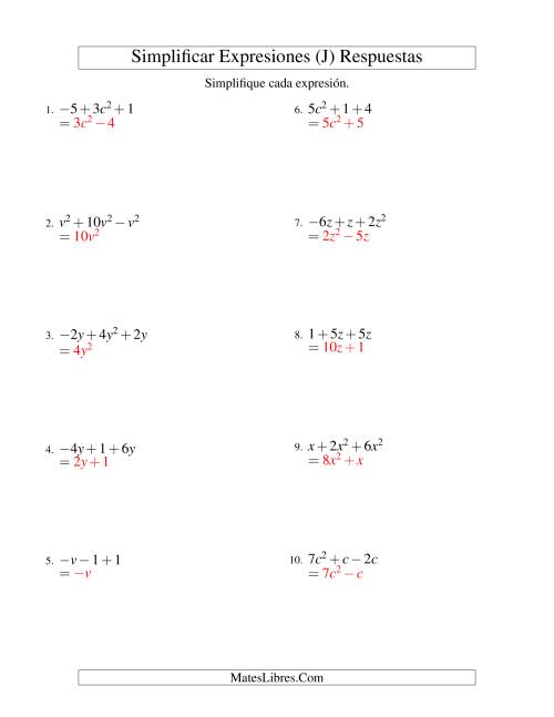 La hoja de ejercicios de Simplificar Expresiones Algebraicas, Suma y Resta, Una Variable, Tres Términos (J) Página 2