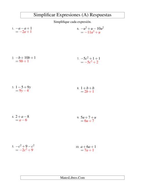 La hoja de ejercicios de Simplificar Expresiones Algebraicas, Suma y Resta, Una Variable, Tres Términos (Todas) Página 2