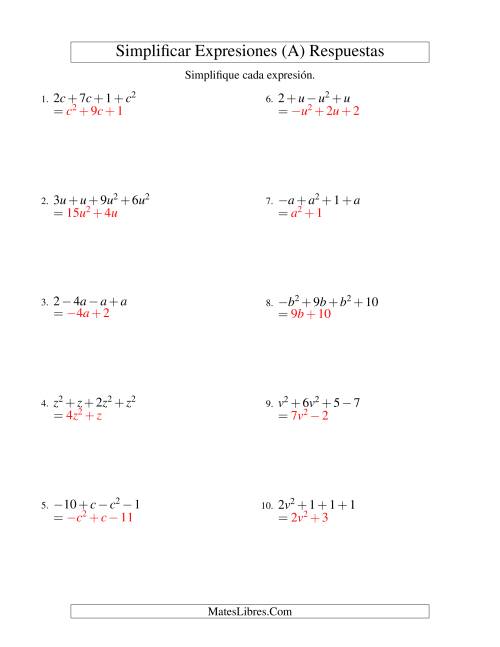 La hoja de ejercicios de Simplificar Expresiones Algebraicas, Suma y Resta, Una Variable, Cuatro Términos (A) Página 2