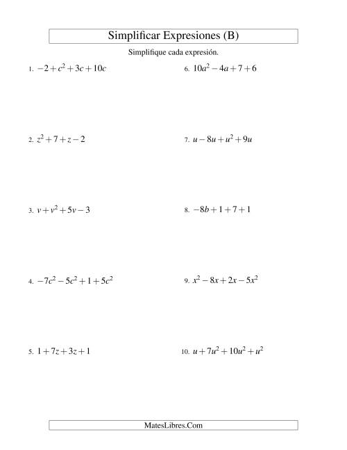La hoja de ejercicios de Simplificar Expresiones Algebraicas, Suma y Resta, Una Variable, Cuatro Términos (B)