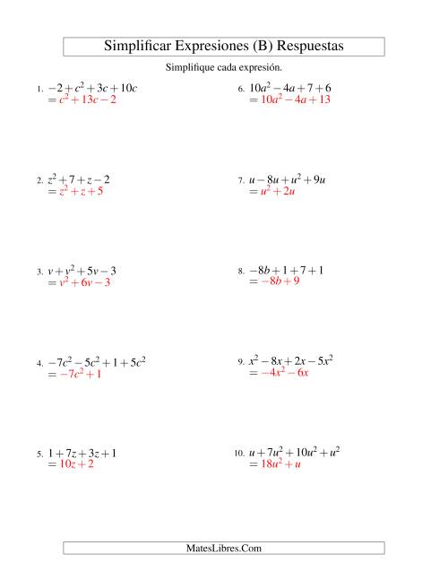 La hoja de ejercicios de Simplificar Expresiones Algebraicas, Suma y Resta, Una Variable, Cuatro Términos (B) Página 2