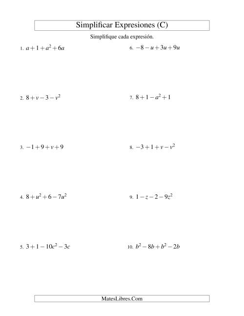 La hoja de ejercicios de Simplificar Expresiones Algebraicas, Suma y Resta, Una Variable, Cuatro Términos (C)