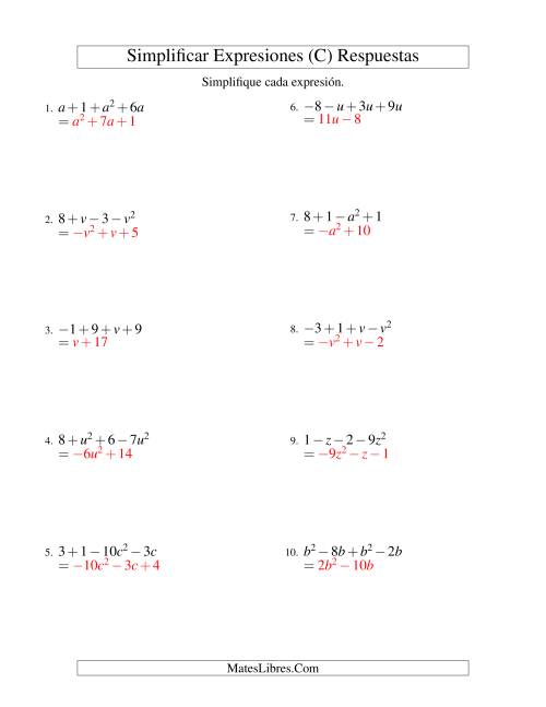 La hoja de ejercicios de Simplificar Expresiones Algebraicas, Suma y Resta, Una Variable, Cuatro Términos (C) Página 2
