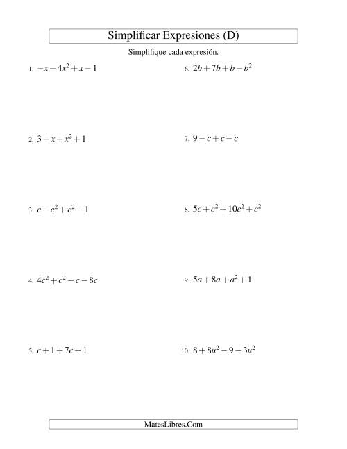 La hoja de ejercicios de Simplificar Expresiones Algebraicas, Suma y Resta, Una Variable, Cuatro Términos (D)