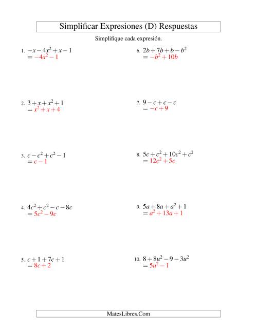 La hoja de ejercicios de Simplificar Expresiones Algebraicas, Suma y Resta, Una Variable, Cuatro Términos (D) Página 2
