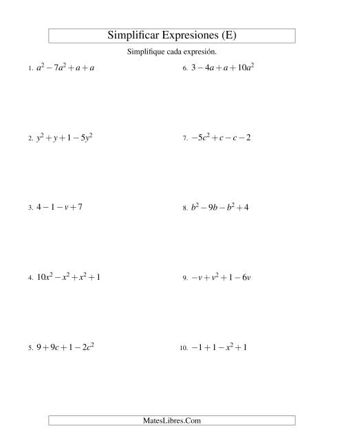 La hoja de ejercicios de Simplificar Expresiones Algebraicas, Suma y Resta, Una Variable, Cuatro Términos (E)