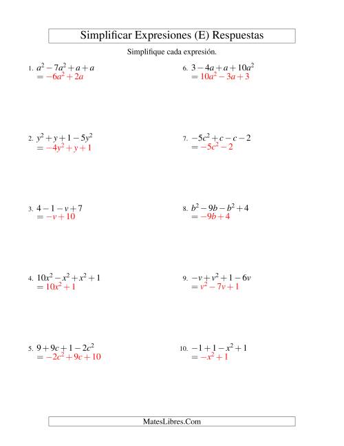 La hoja de ejercicios de Simplificar Expresiones Algebraicas, Suma y Resta, Una Variable, Cuatro Términos (E) Página 2