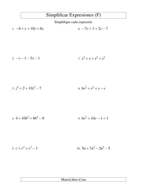 La hoja de ejercicios de Simplificar Expresiones Algebraicas, Suma y Resta, Una Variable, Cuatro Términos (F)