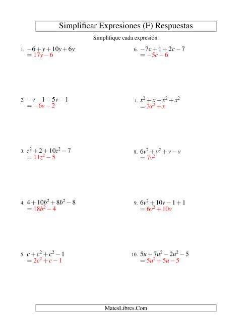 La hoja de ejercicios de Simplificar Expresiones Algebraicas, Suma y Resta, Una Variable, Cuatro Términos (F) Página 2