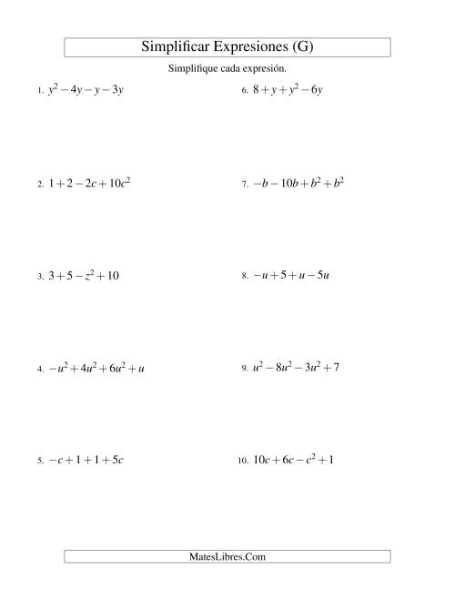 La hoja de ejercicios de Simplificar Expresiones Algebraicas, Suma y Resta, Una Variable, Cuatro Términos (G)