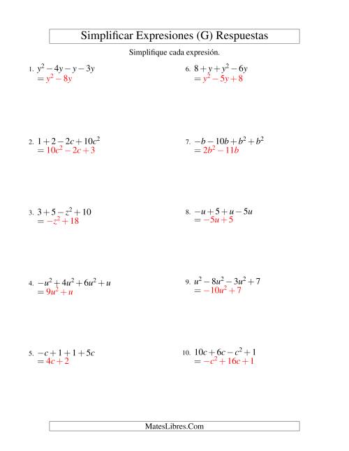 La hoja de ejercicios de Simplificar Expresiones Algebraicas, Suma y Resta, Una Variable, Cuatro Términos (G) Página 2