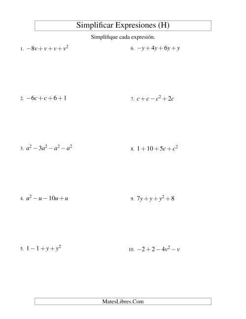 La hoja de ejercicios de Simplificar Expresiones Algebraicas, Suma y Resta, Una Variable, Cuatro Términos (H)
