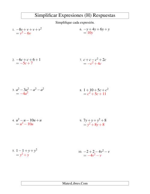 La hoja de ejercicios de Simplificar Expresiones Algebraicas, Suma y Resta, Una Variable, Cuatro Términos (H) Página 2