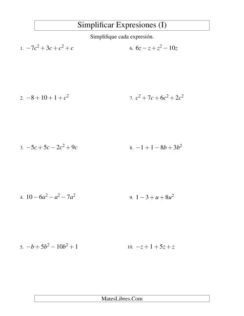 La hoja de ejercicios de Simplificar Expresiones Algebraicas, Suma y Resta, Una Variable, Cuatro Términos (I)