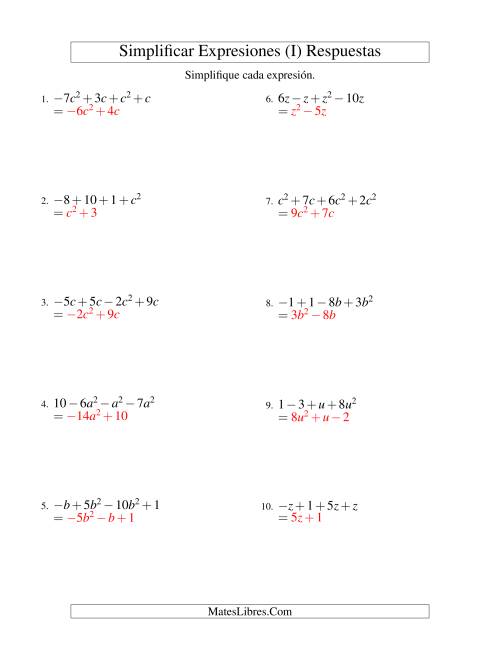 La hoja de ejercicios de Simplificar Expresiones Algebraicas, Suma y Resta, Una Variable, Cuatro Términos (I) Página 2