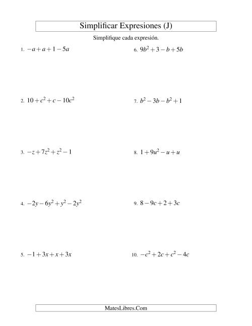 La hoja de ejercicios de Simplificar Expresiones Algebraicas, Suma y Resta, Una Variable, Cuatro Términos (J)