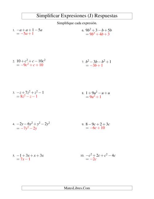 La hoja de ejercicios de Simplificar Expresiones Algebraicas, Suma y Resta, Una Variable, Cuatro Términos (J) Página 2