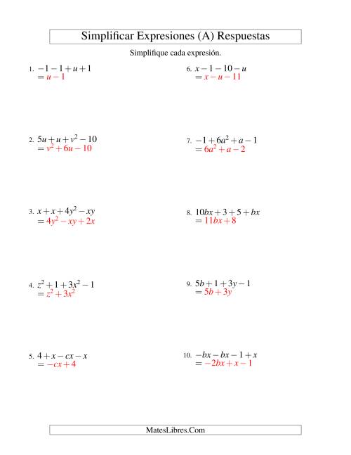 La hoja de ejercicios de Simplificar Expresiones Algebraicas, Suma y Resta, Dos Variables, Cuatro Términos (A) Página 2