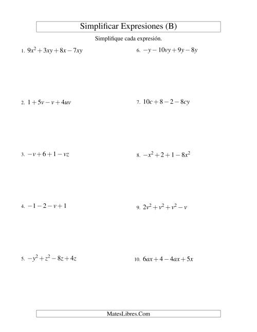 La hoja de ejercicios de Simplificar Expresiones Algebraicas, Suma y Resta, Dos Variables, Cuatro Términos (B)