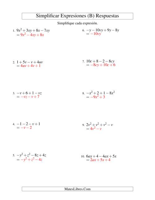 La hoja de ejercicios de Simplificar Expresiones Algebraicas, Suma y Resta, Dos Variables, Cuatro Términos (B) Página 2