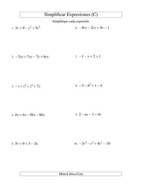 La hoja de ejercicios de Simplificar Expresiones Algebraicas, Suma y Resta, Dos Variables, Cuatro Términos (C)