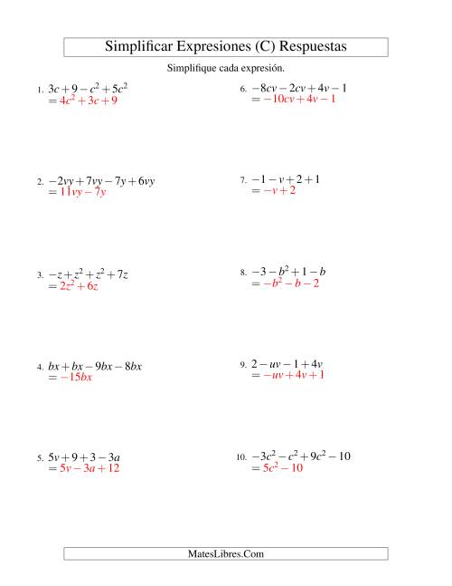 La hoja de ejercicios de Simplificar Expresiones Algebraicas, Suma y Resta, Dos Variables, Cuatro Términos (C) Página 2
