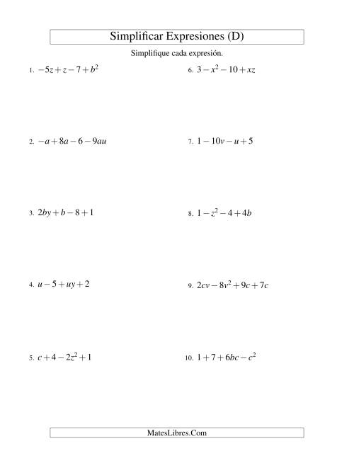 La hoja de ejercicios de Simplificar Expresiones Algebraicas, Suma y Resta, Dos Variables, Cuatro Términos (D)