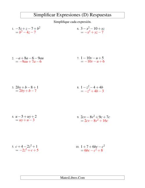 La hoja de ejercicios de Simplificar Expresiones Algebraicas, Suma y Resta, Dos Variables, Cuatro Términos (D) Página 2
