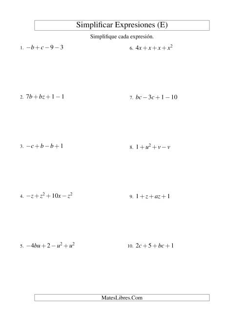 La hoja de ejercicios de Simplificar Expresiones Algebraicas, Suma y Resta, Dos Variables, Cuatro Términos (E)