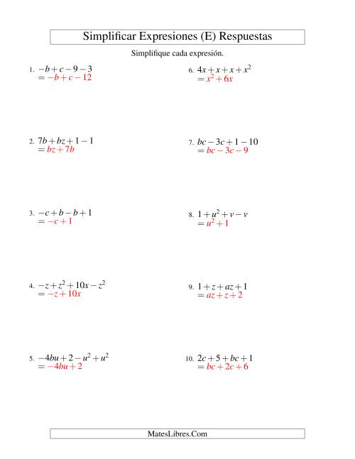 La hoja de ejercicios de Simplificar Expresiones Algebraicas, Suma y Resta, Dos Variables, Cuatro Términos (E) Página 2