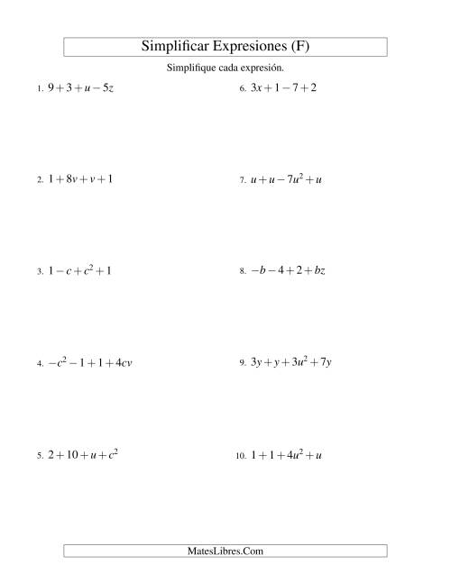 La hoja de ejercicios de Simplificar Expresiones Algebraicas, Suma y Resta, Dos Variables, Cuatro Términos (F)