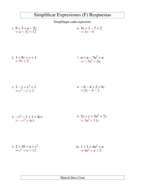 La hoja de ejercicios de Simplificar Expresiones Algebraicas, Suma y Resta, Dos Variables, Cuatro Términos (F) Página 2
